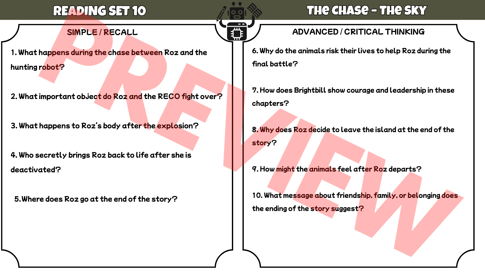 The Wild Robot Reading Comprehension Questions & Answers | 10 Reading Sets | Printable Worksheets PDF | Grades 3–6