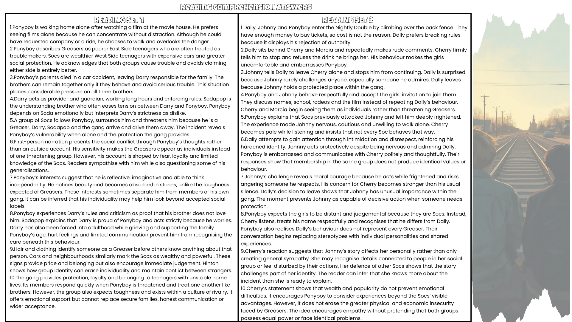 The Outsiders by S. E. Hinton Novel Study Comprehension Worksheets PDF | 100 Questions + Complete Answer Key | Years 7–9