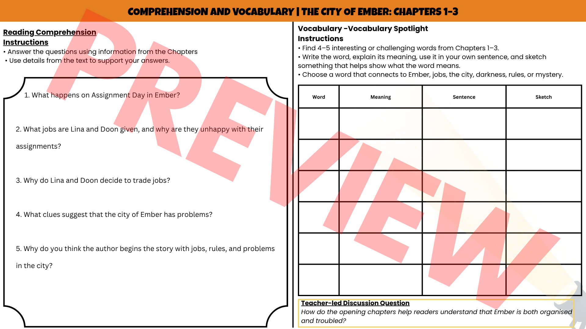 The City of Ember No-Prep Sub Plan | Novel Study Literacy Lesson | Years 4–8 PDF