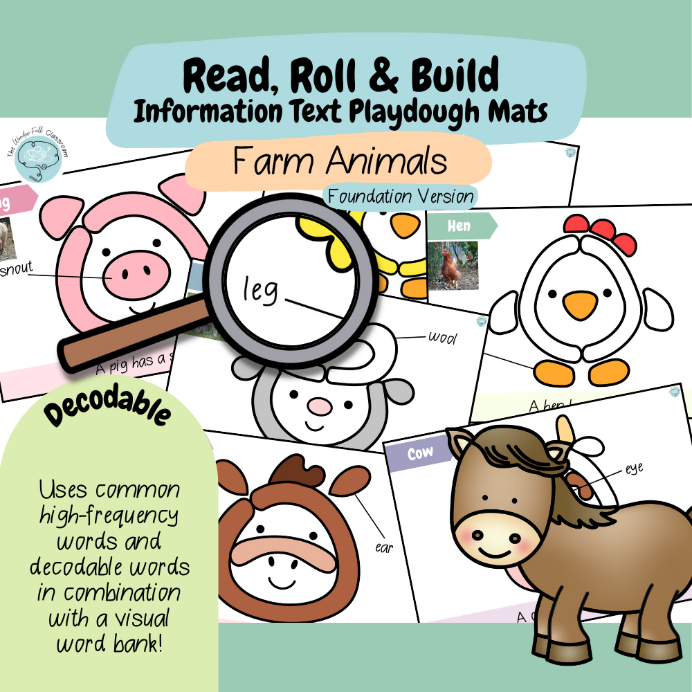 Read, Roll & Build | Foundation Information Text Playdough Mats | Farm Animals