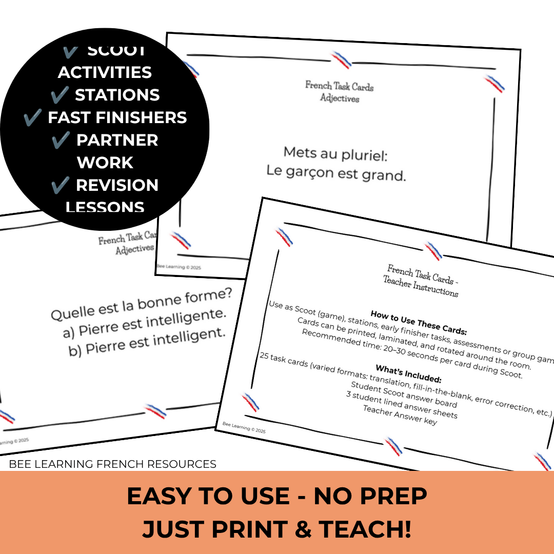 French Adjectives Activities | Agreement Practice Task Cards | Year 7–8