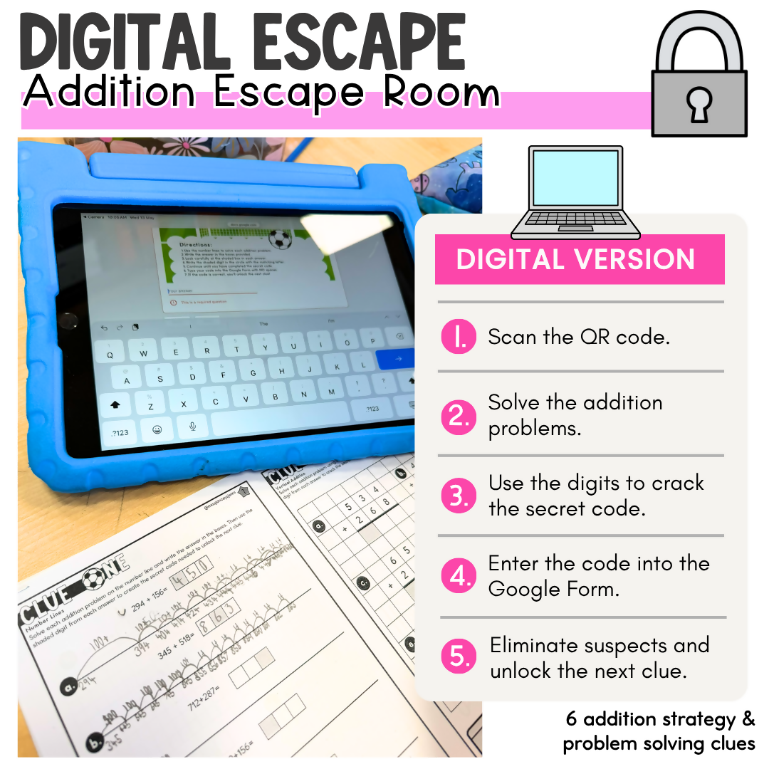 Addition Strategies Escape Room | Soccer-Themed No Regrouping Additive Revision