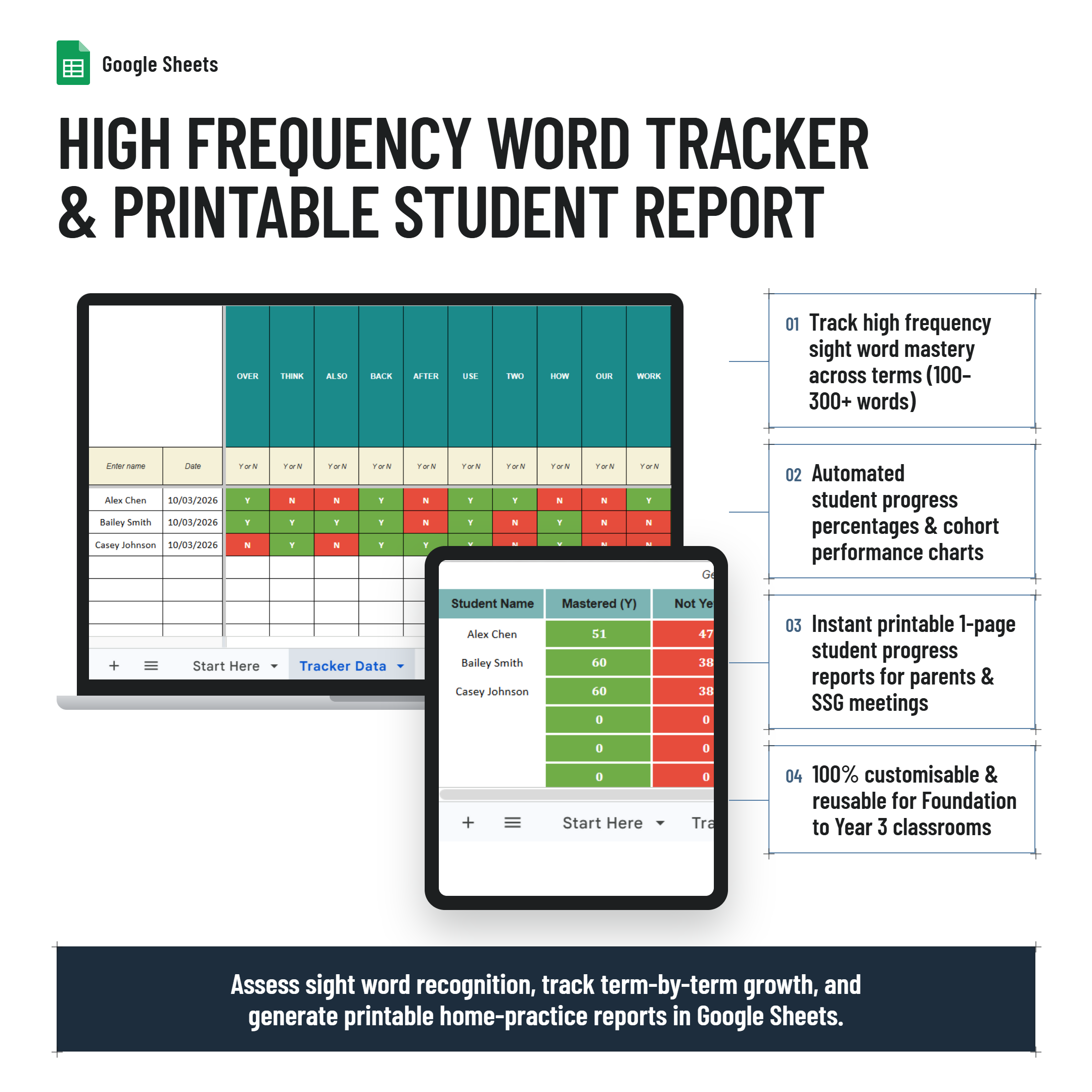 High Frequency Words Tracker and Printable Report| Google Sheets