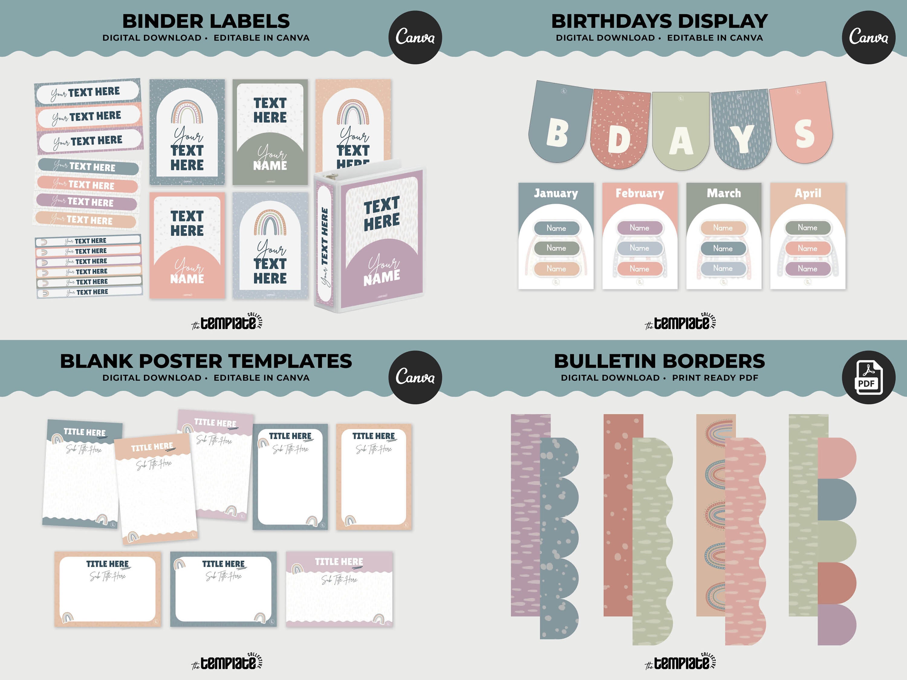 Hushed Horizons Classroom Decor Bundle • Pastel Boho Rainbow Theme • Bulletin Board Decor • Teacher Resources • Editable & Printable
