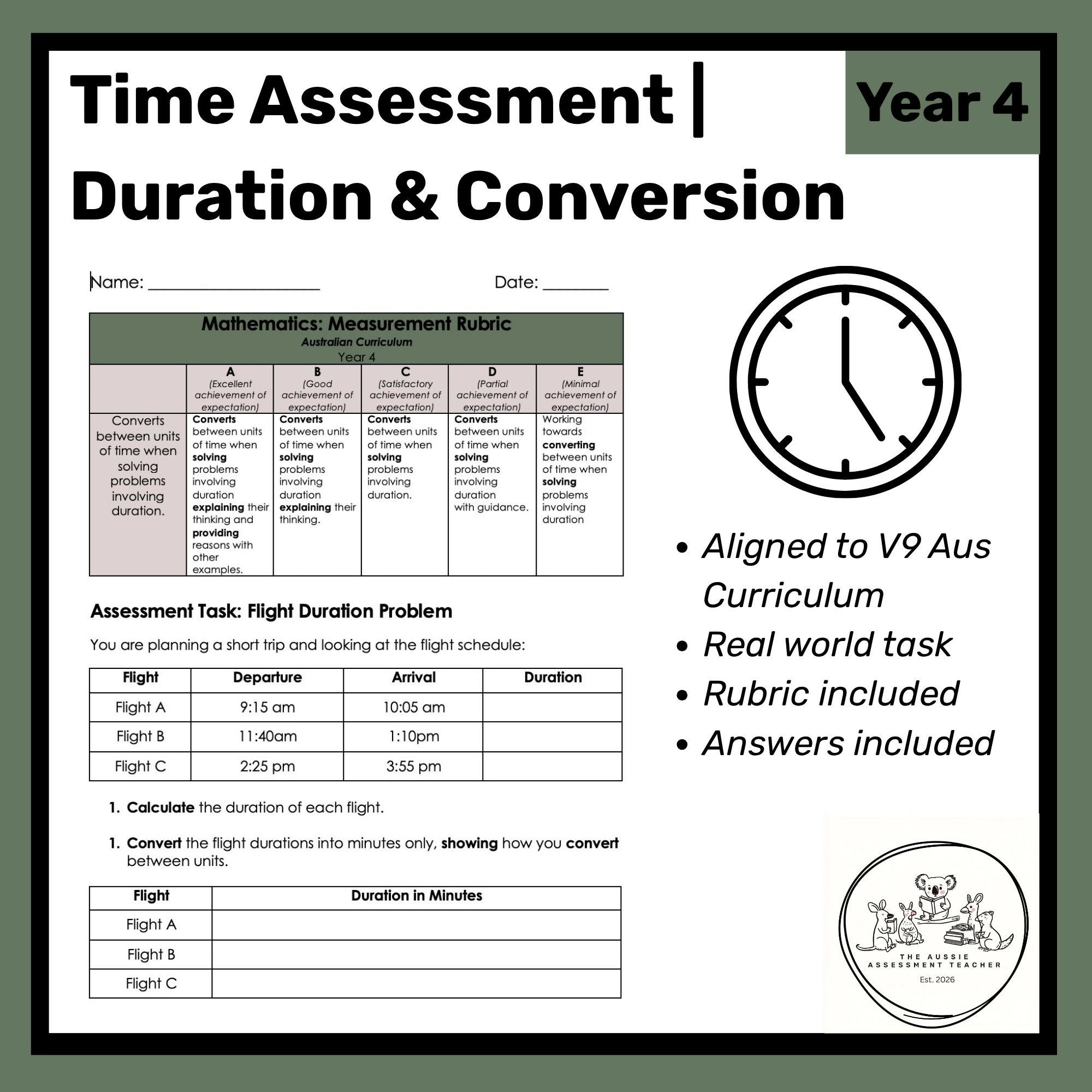 Year 4 Maths Time Assessment | Duration & Conversion | Australian Curriculum V9