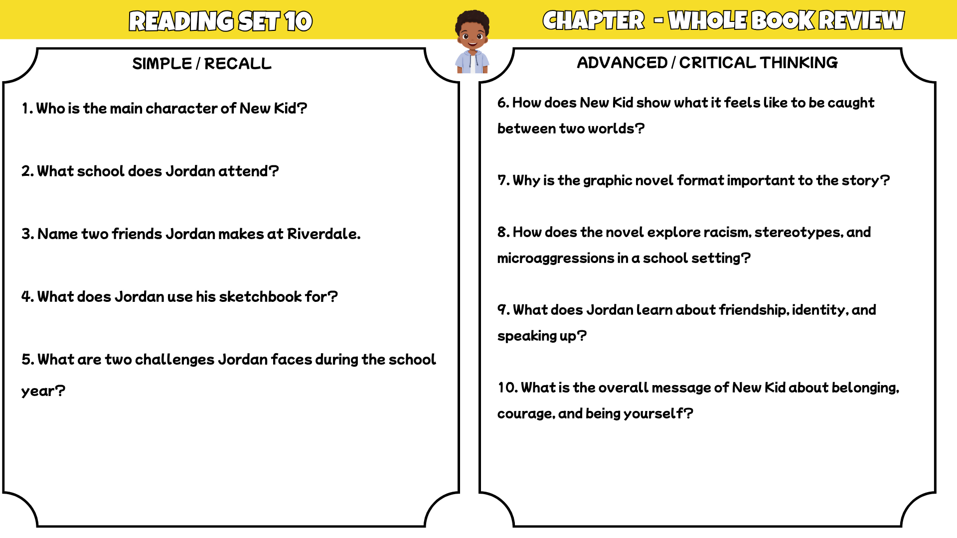 New Kid Novel Study Reading Comprehension | 100 Questions + Answer Key | Years 5–8
