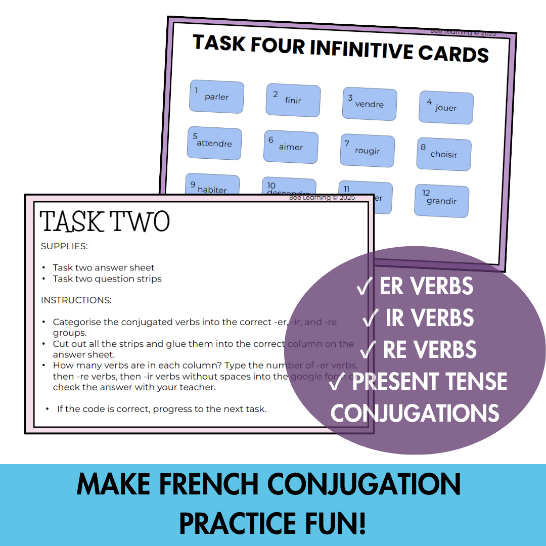 French Escape Room Present Tense | Regular Verbs -ER -IR -RE | Year 7–8 | Print & Digital