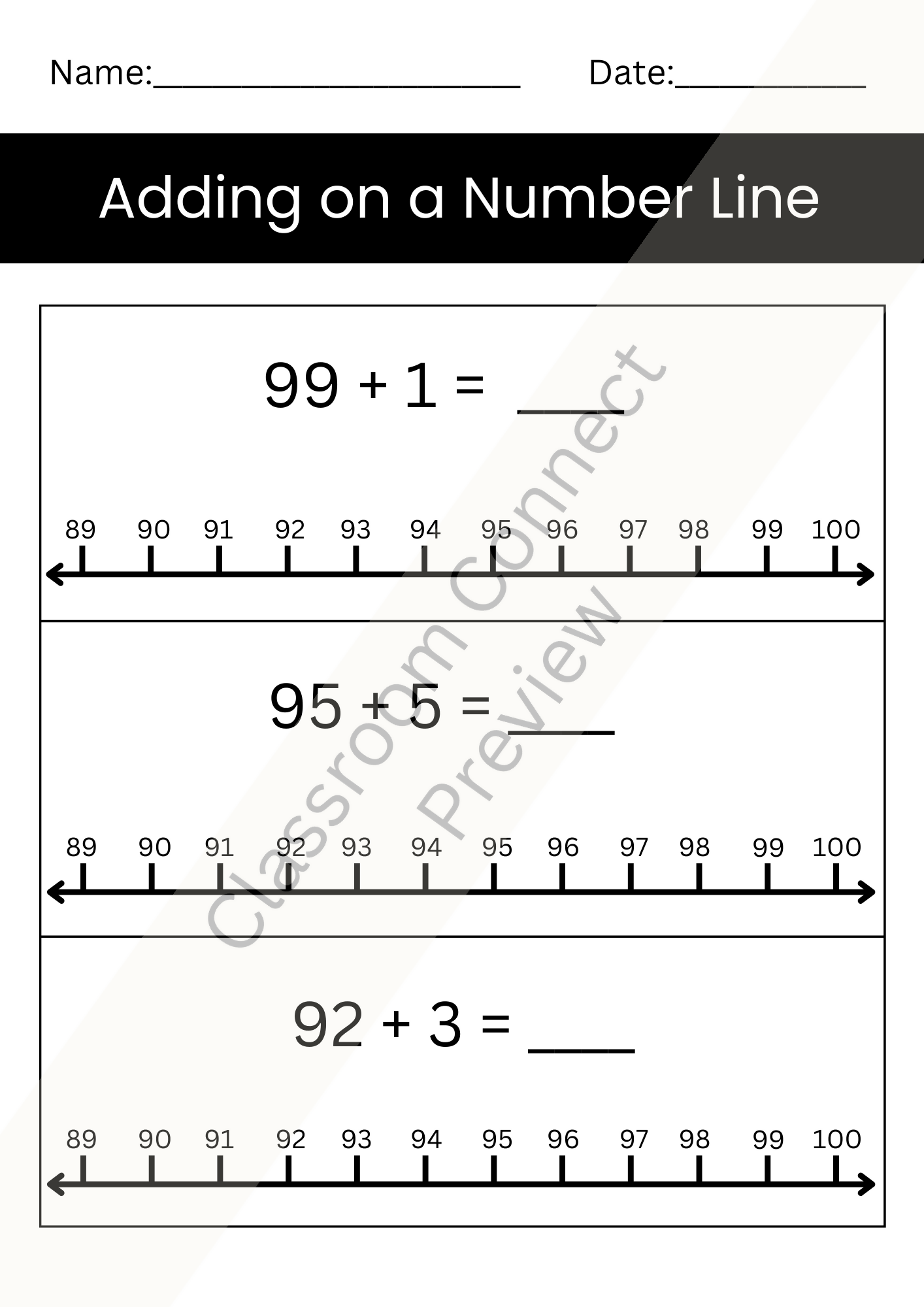 Addition on a Number Line Worksheets (1–100) | Differentiated & Intervention