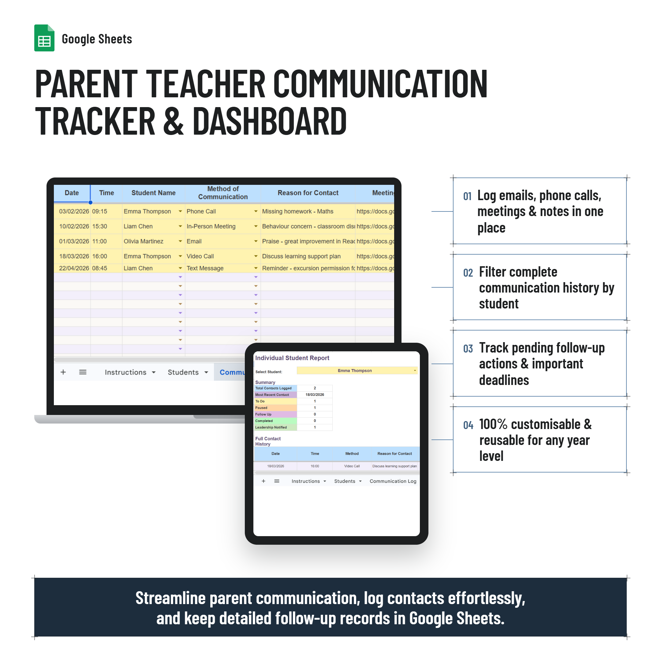 Parent Teacher Communication Tracker and Dashboard| Google Sheets