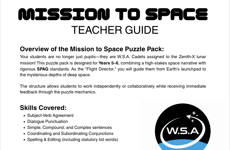 Mission to Space Grammar Puzzle Pack | English Activities | Years 5–6 | STEM Crossover