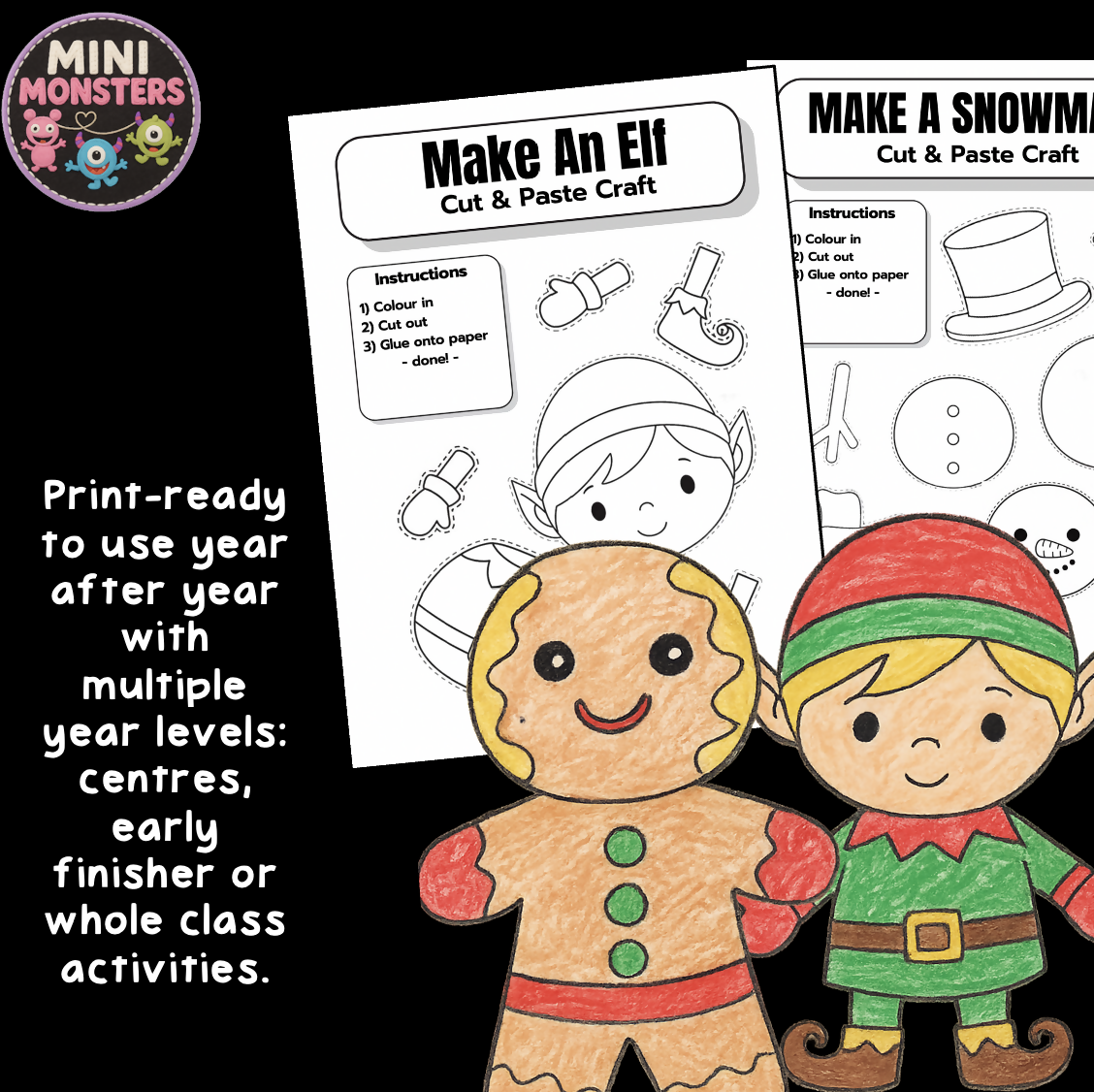 Prep Year 1 Year 2 Christmas Cut and Paste Crafts Santa Elf Reindeer Snowman Gingerbread