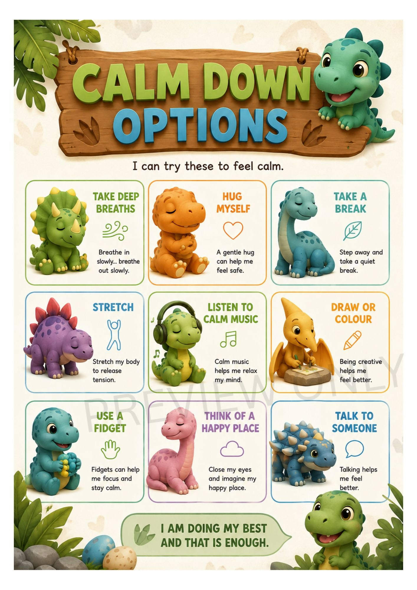 OT Designed - 3D Dinosaur Calm Down Options Chart - Printable