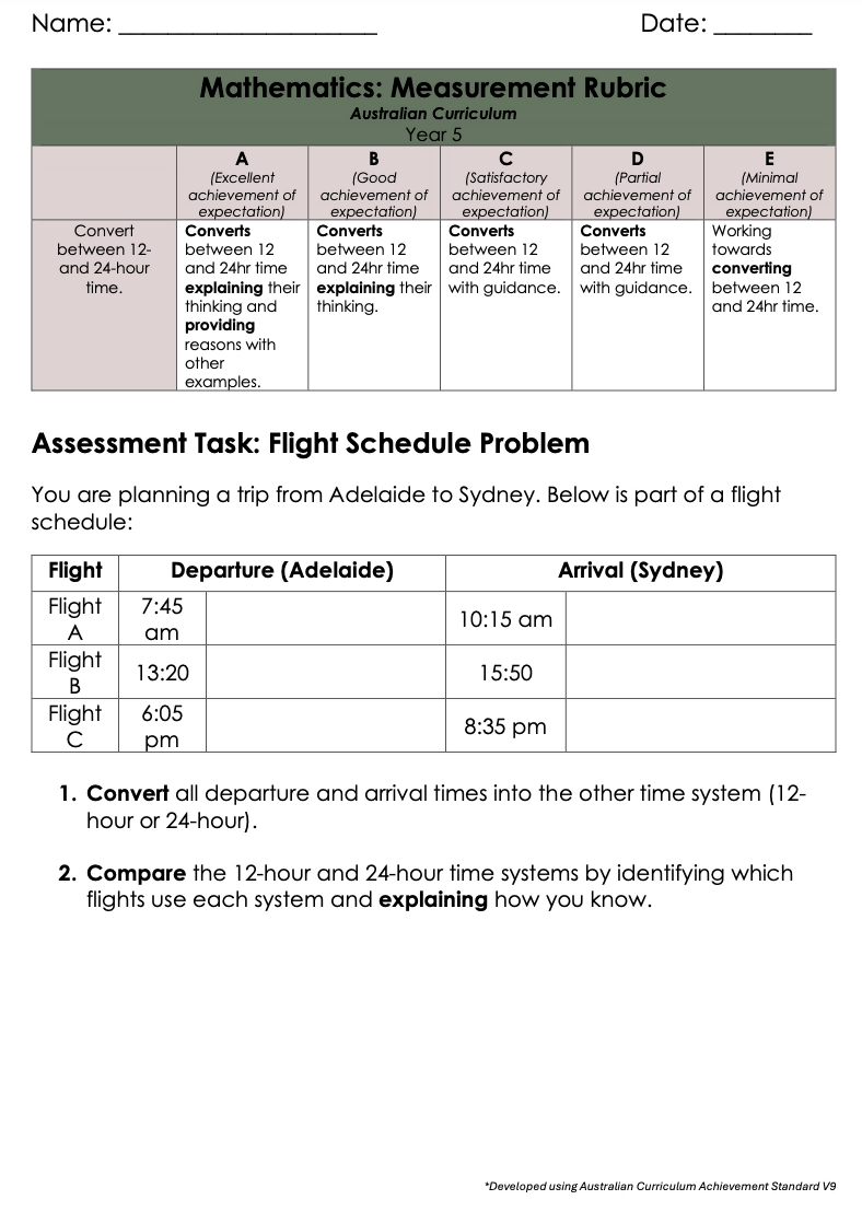 Year 5 Maths Time Assessment | 12 & 24 Hour Time Conversion | Aus Curriculum