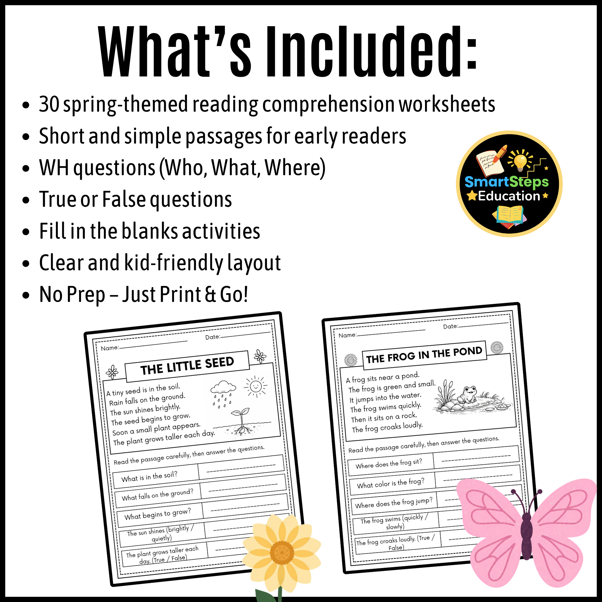 Spring Reading Comprehension Passages | Differentiated Worksheets for Kindergarten & First Grade
