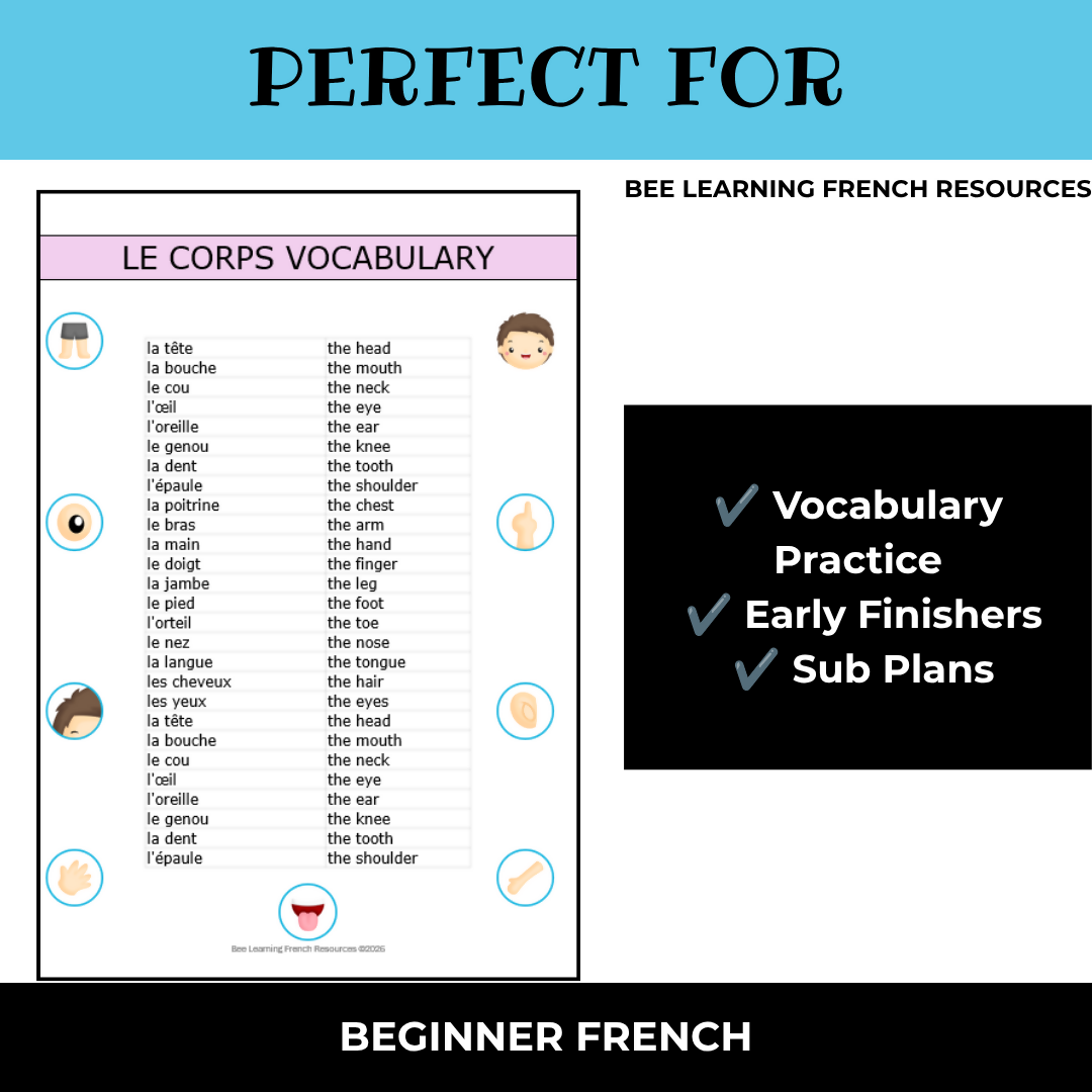 French Body Parts Vocabulary Activities | Les Parties du Corps Criss Cross Puzzles | Year 7–8