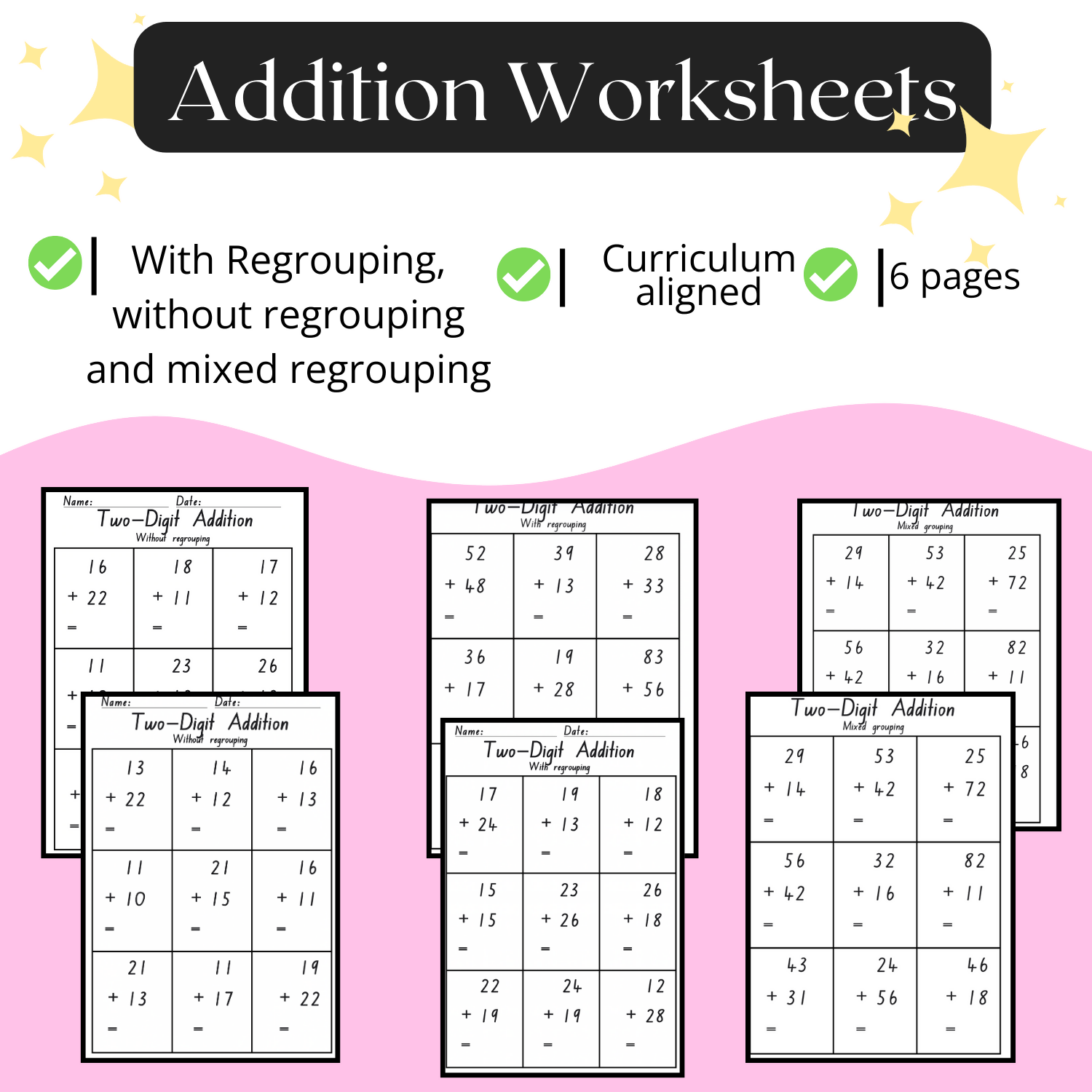 Two-Digit Addition Worksheet Bundle (6 Pages) | Curriculum Aligned