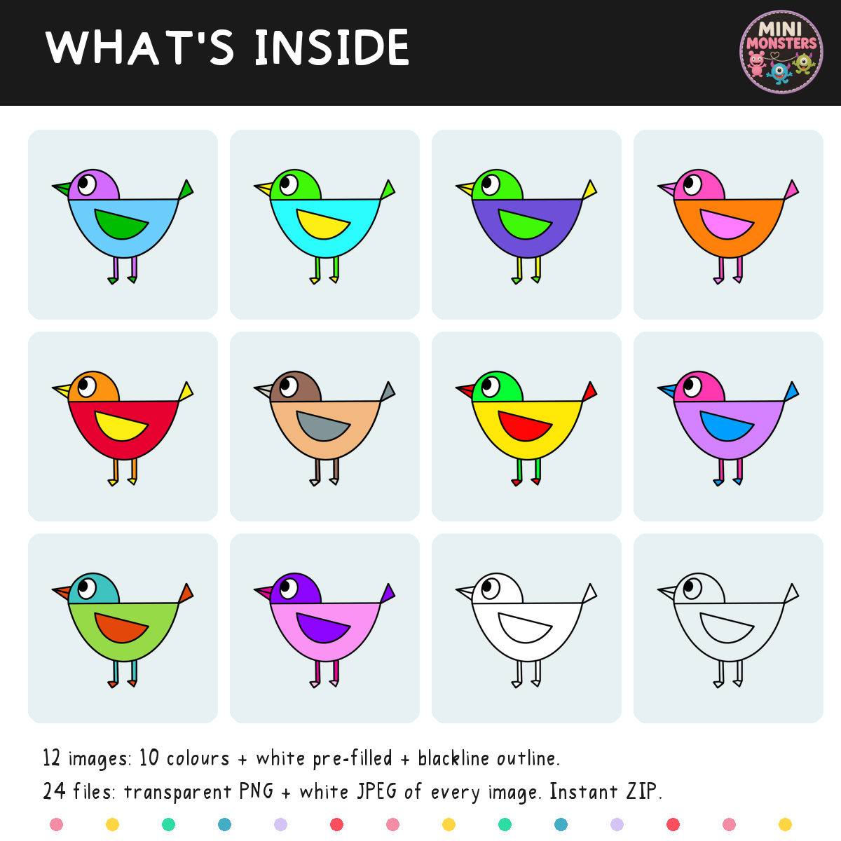 Birds Clipart Set 1 | 12 Designs 24 Files | Colour and Blackline | Hand Drawn | Commercial Use