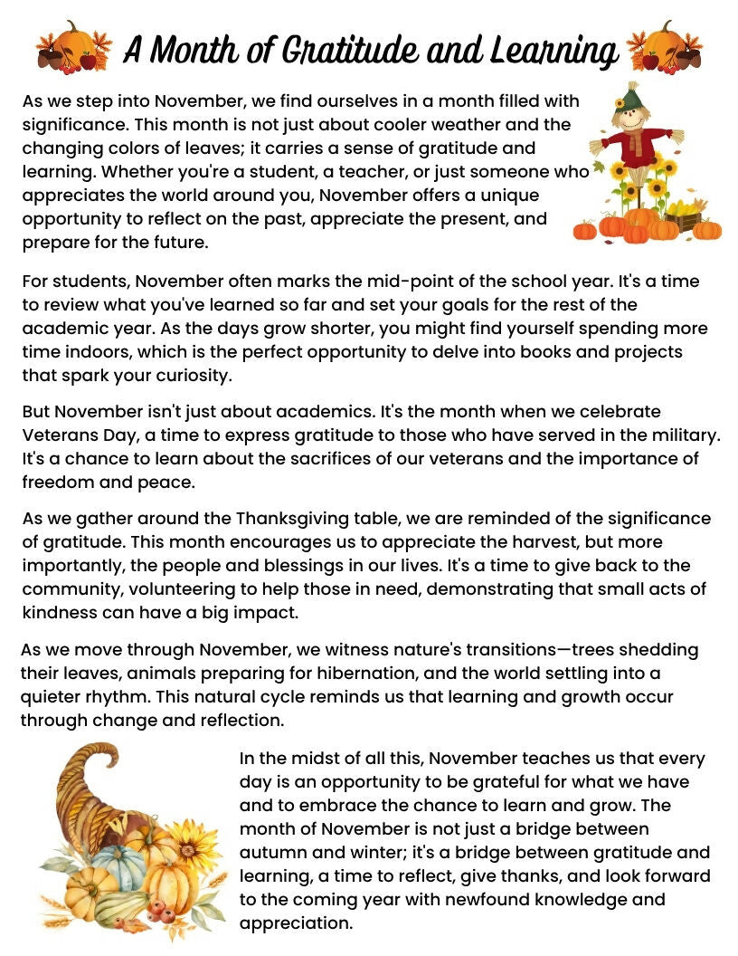 November Reading Comprehension & Activities | Word Search, Crossword, Trivia & Sudoku | Middle & High School