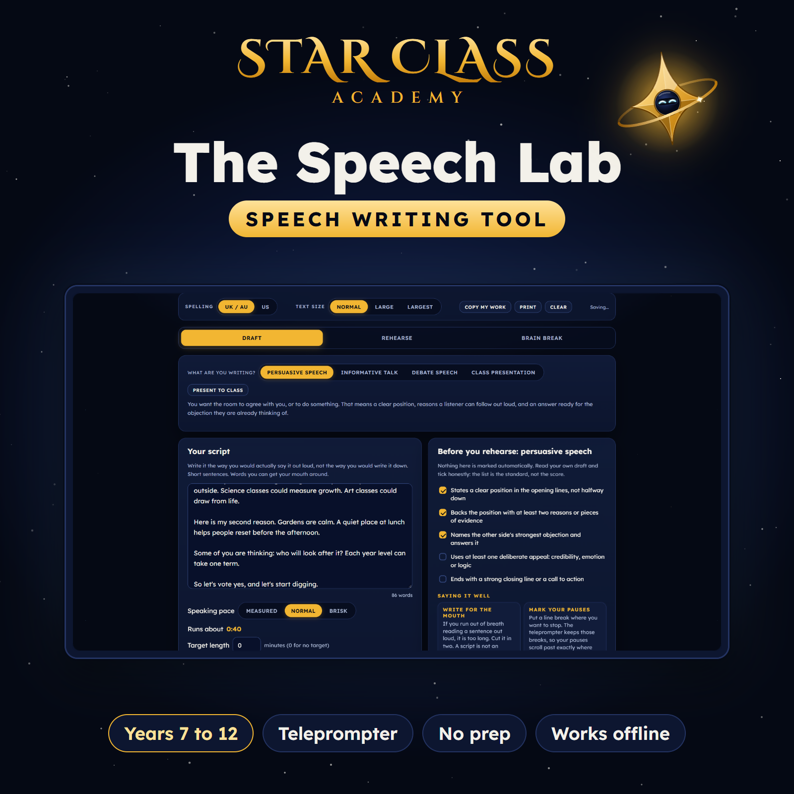 Speech Writing Tool + Teleprompter | Public Speaking Practice | Years 7 to 12