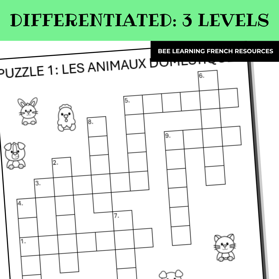 French Animals Vocabulary Activities | Les Animaux Criss Cross Puzzles | Year 7–8