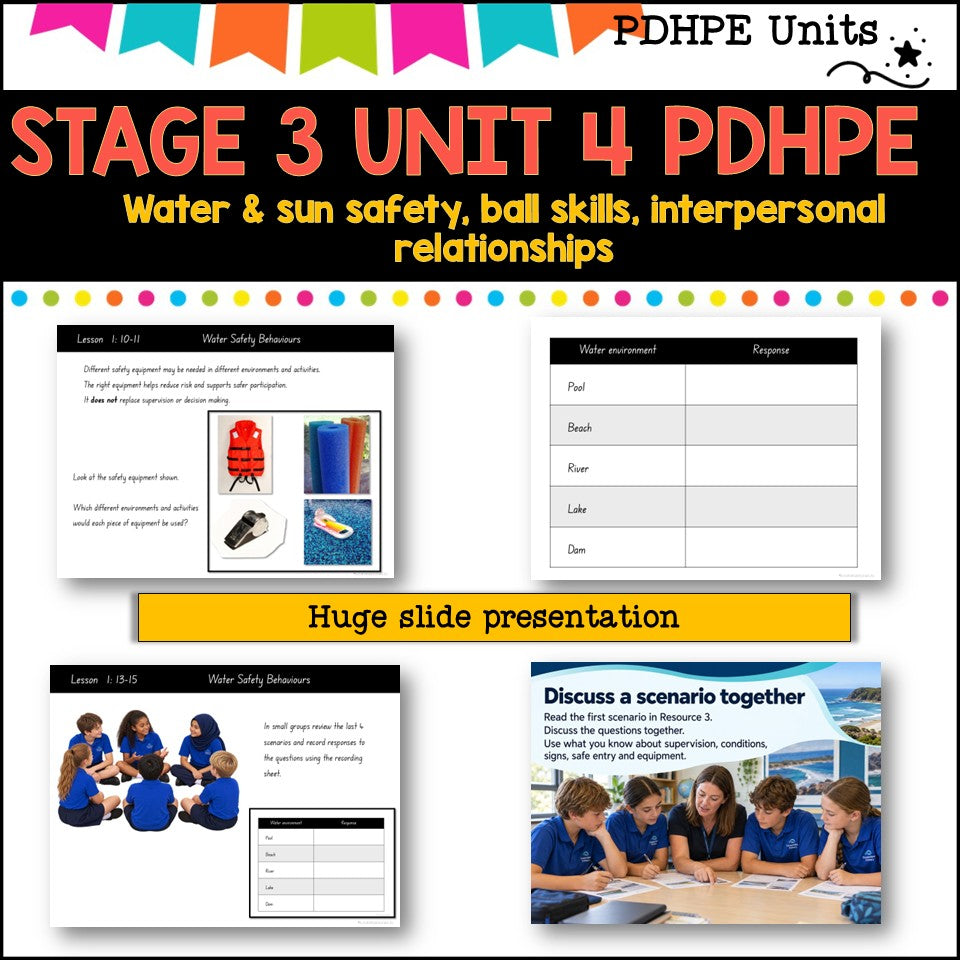 STAGE 3 UNIT 4 NSW Aligned PDHPE sun, water safety, healthy, relationships, games, inclusion