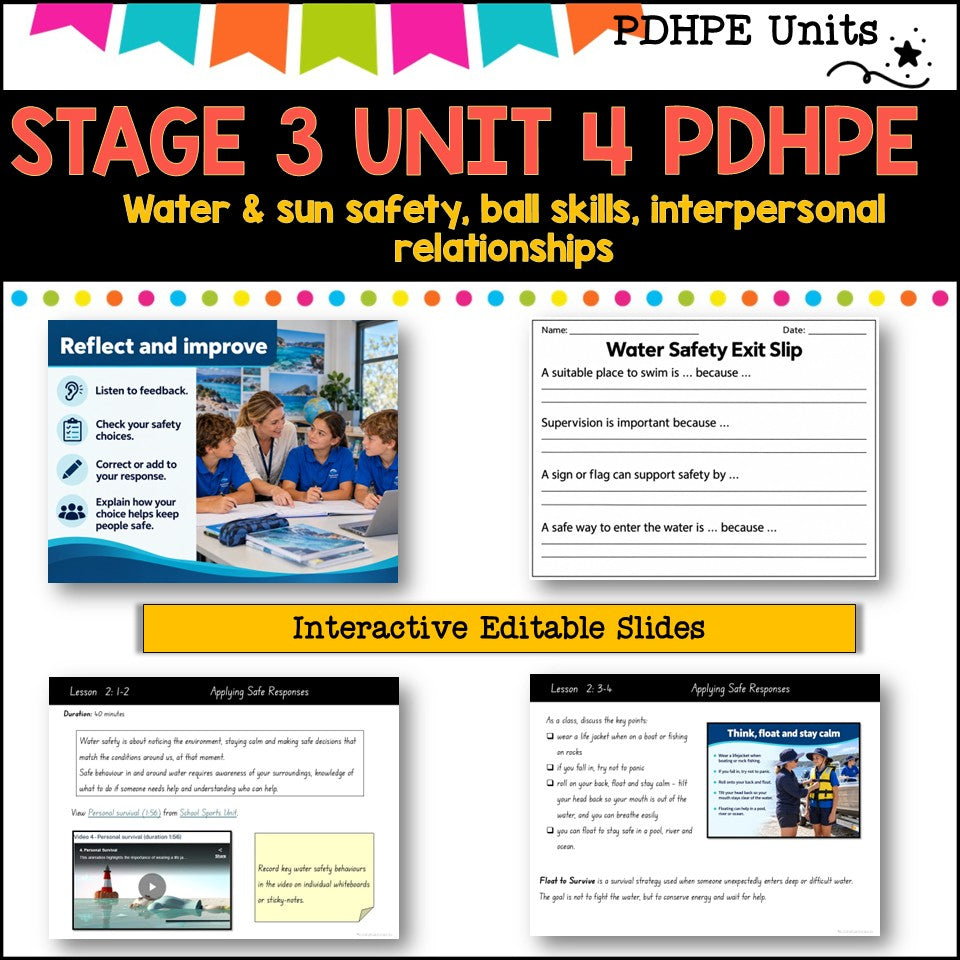 STAGE 3 UNIT 4 NSW Aligned PDHPE sun, water safety, healthy, relationships, games, inclusion