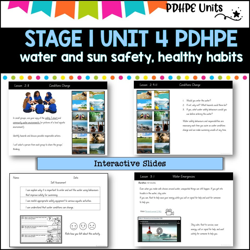 STAGE 1 UNIT 4 NSW Aligned 2025 PDHPE COMPLETE Unit Water and Sun safety, Healthy Habits, PE skills