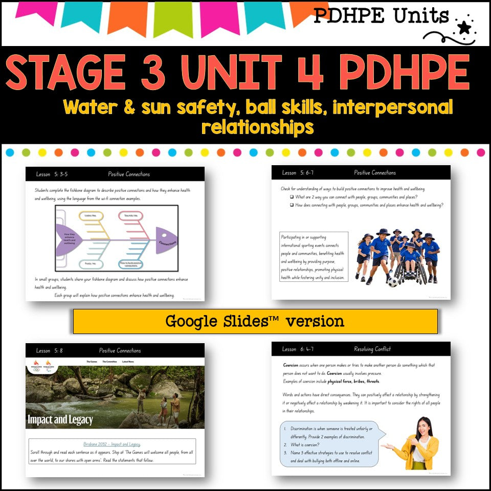 STAGE 3 UNIT 4 NSW Aligned PDHPE sun, water safety, healthy, relationships, games, inclusion