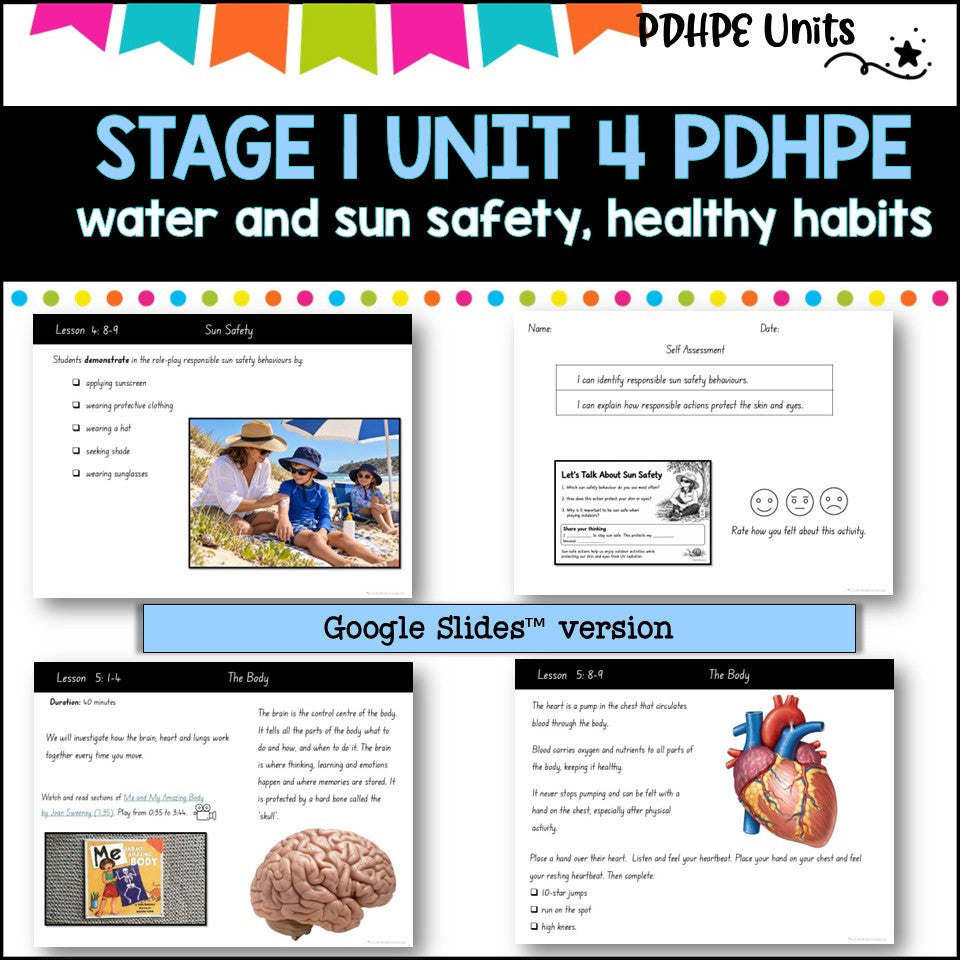 STAGE 1 UNIT 4 NSW Aligned 2025 PDHPE COMPLETE Unit Water and Sun safety, Healthy Habits, PE skills