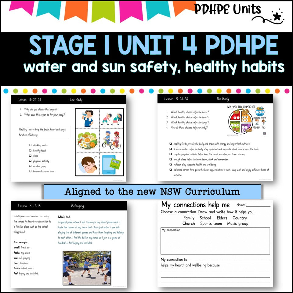 STAGE 1 UNIT 4 NSW Aligned 2025 PDHPE COMPLETE Unit Water and Sun safety, Healthy Habits, PE skills
