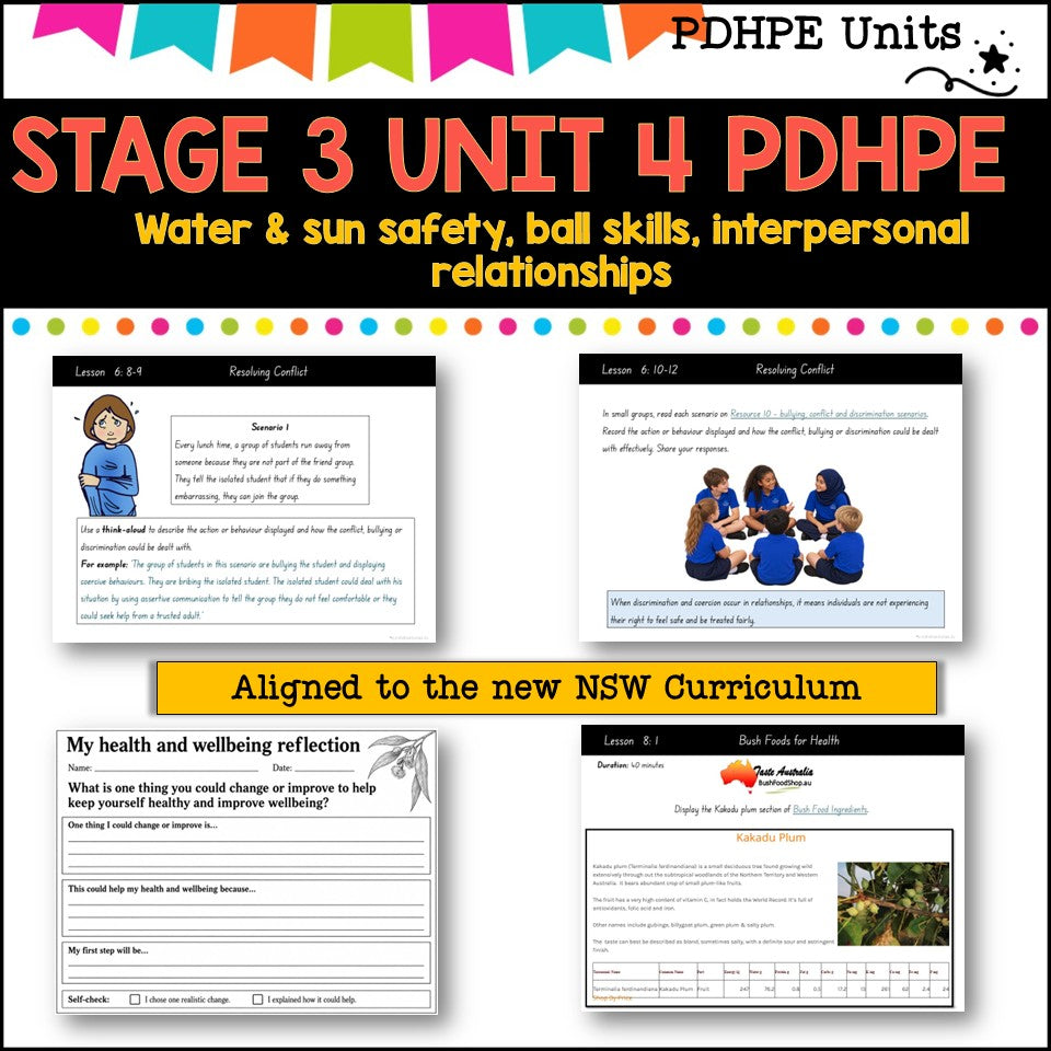 STAGE 3 UNIT 4 NSW Aligned PDHPE sun, water safety, healthy, relationships, games, inclusion
