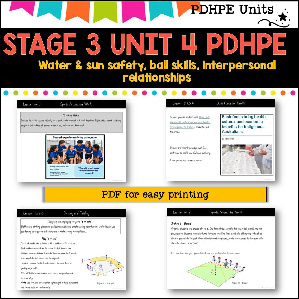 STAGE 3 UNIT 4 NSW Aligned PDHPE sun, water safety, healthy, relationships, games, inclusion