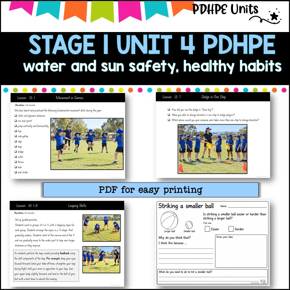STAGE 1 UNIT 4 NSW Aligned 2025 PDHPE COMPLETE Unit Water and Sun safety, Healthy Habits, PE skills
