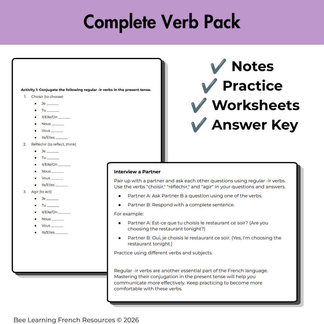French Present Tense Verbs ER IR RE Worksheets – No Prep Grammar Pack | Year 7–8