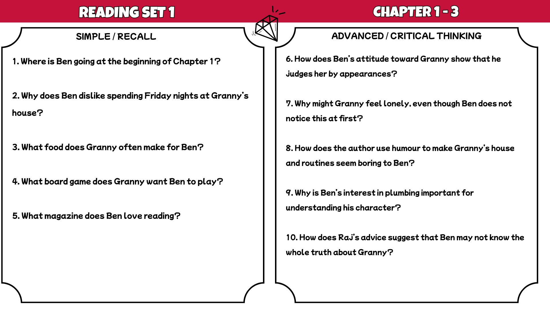 Gangsta Granny Novel Study Reading Comprehension Questions Worksheets PDF | 100 Questions + Answer Key | Years 3–6