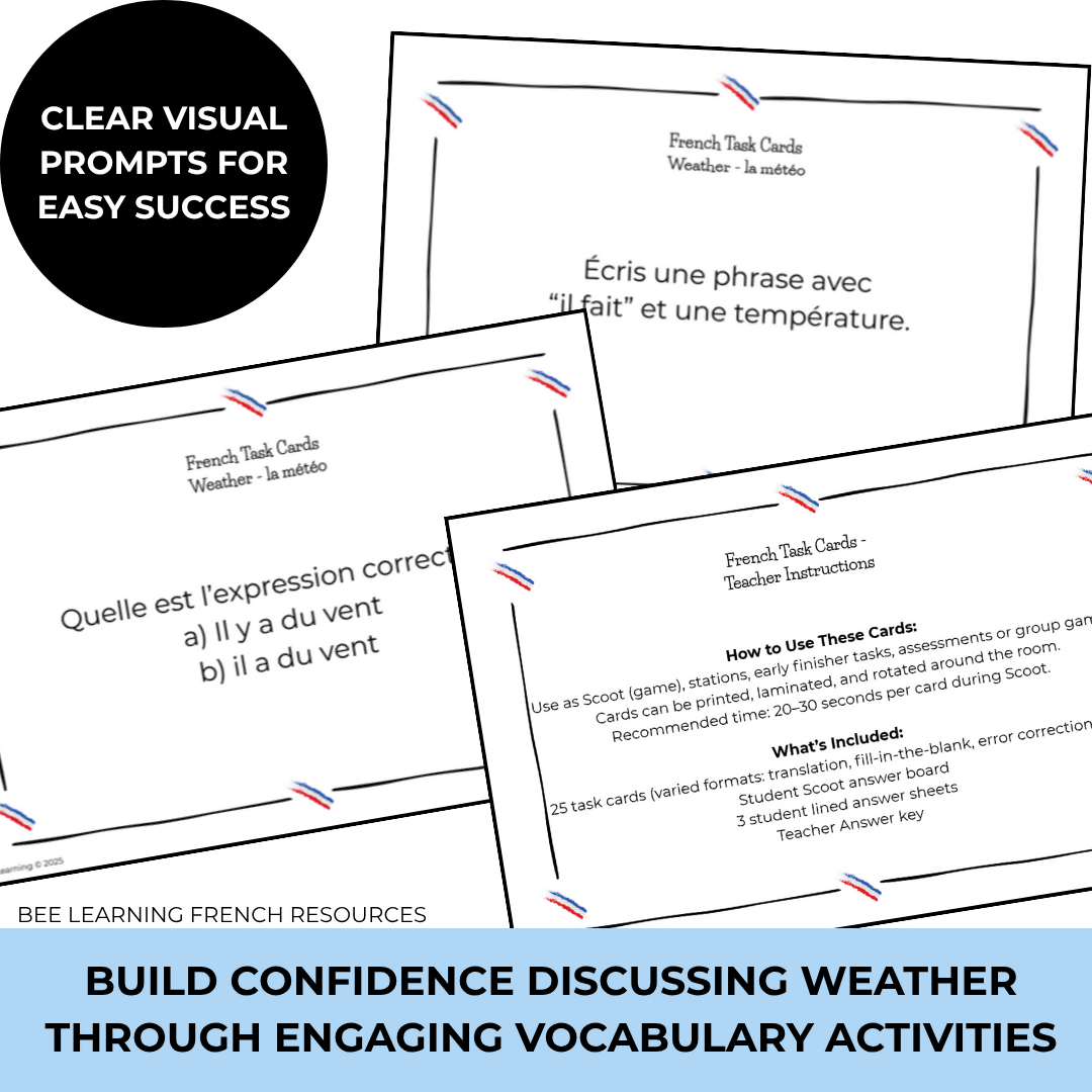 French Weather Vocabulary Activities | La Météo Task Cards & Practice