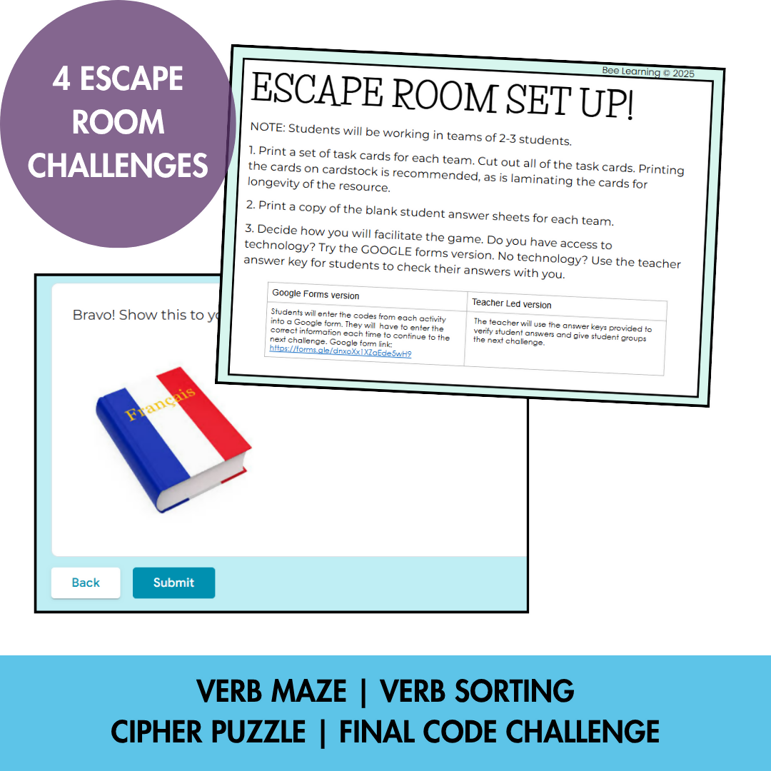 French Escape Room Present Tense | Regular Verbs -ER -IR -RE | Year 7–8 | Print & Digital