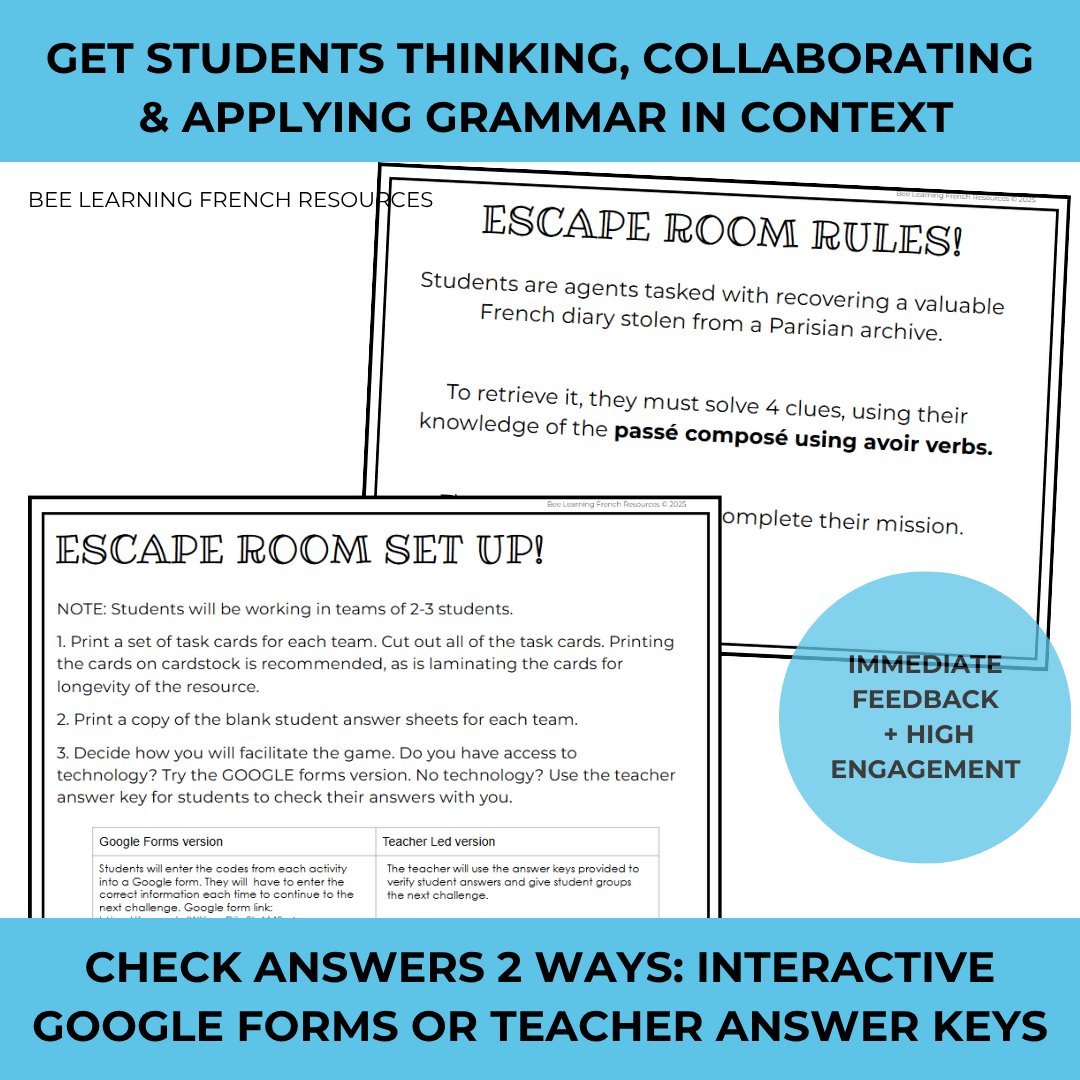 French Escape Room Passé Composé | Avoir Verbs | Grammar Activity | Year 9–10 | Print & Digital