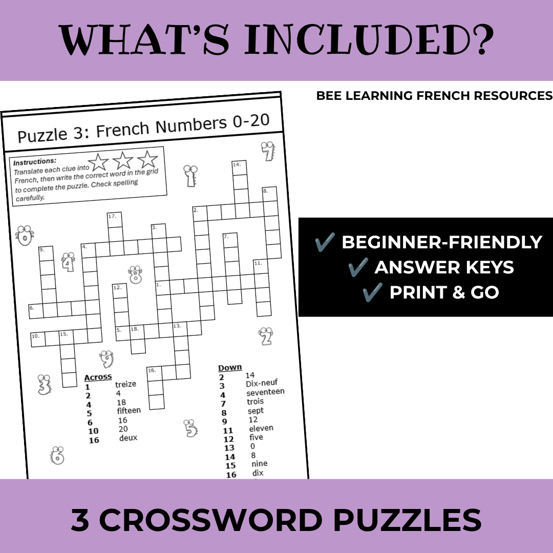 French Numbers 0–20 Vocabulary Activities | Les Nombres Criss Cross Puzzles | Year 7–8