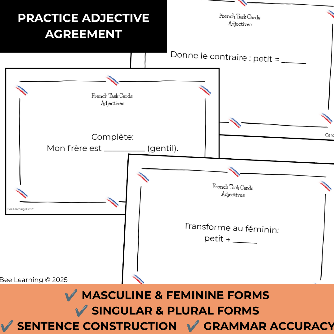 French Adjectives Activities | Agreement Practice Task Cards | Year 7–8