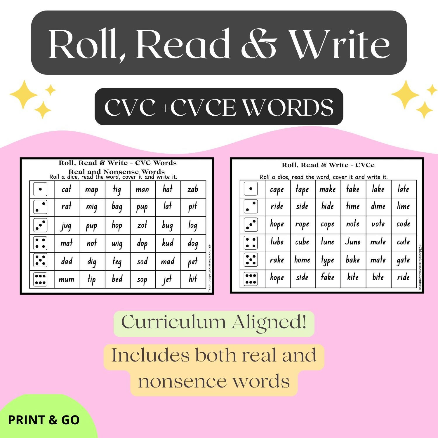 Roll, Read and Write - CVC + CVCe Word Game | Literacy Based | Low Prep Activity
