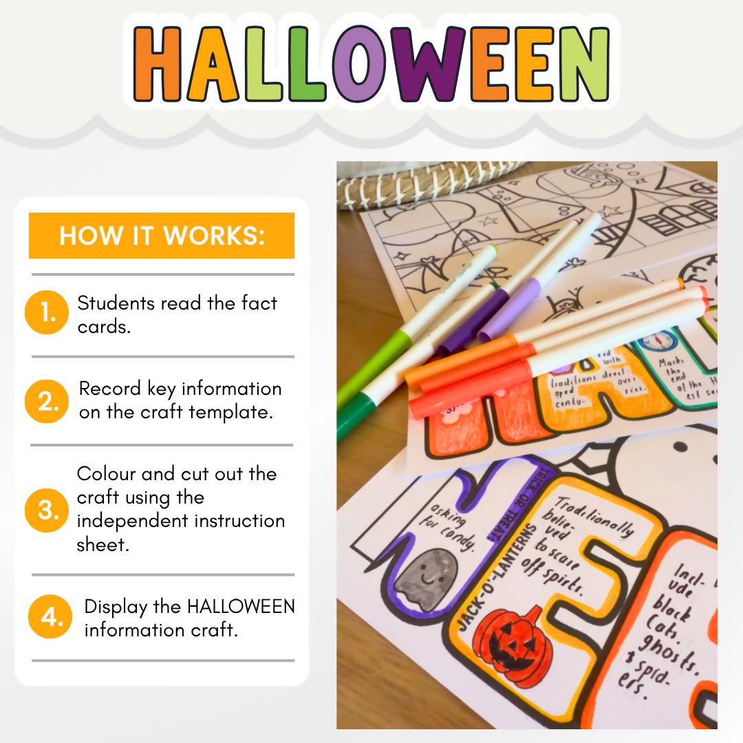 Halloween Information Craft | October Craft, Autumn Activities, Halloween Reading & Writing, Informational Fact Cards, Bulletin Board Display & Classroom Craft