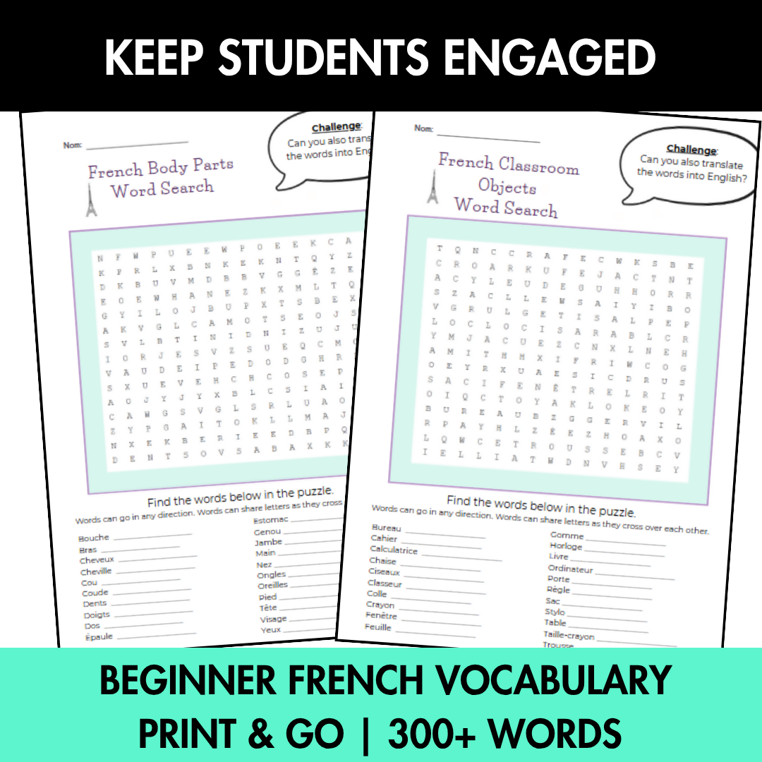 French Word Searches | Beginner Vocabulary Worksheets | No Prep | 17 Topics | Year 7–8