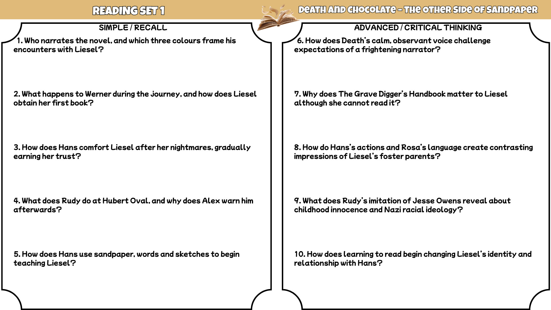 The Book Thief Novel Study Reading Comprehension PDF | 100 Questions + Answer Key | Year 7–9