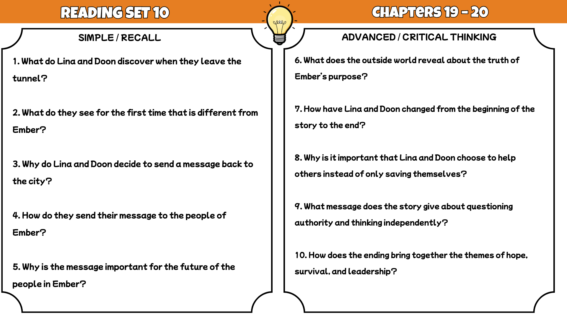 The City of Ember Comprehension Questions and Answer Key PDF | Jeanne DuPrau Novel Worksheets | Reading Comprehension Questions for Grades 4–6