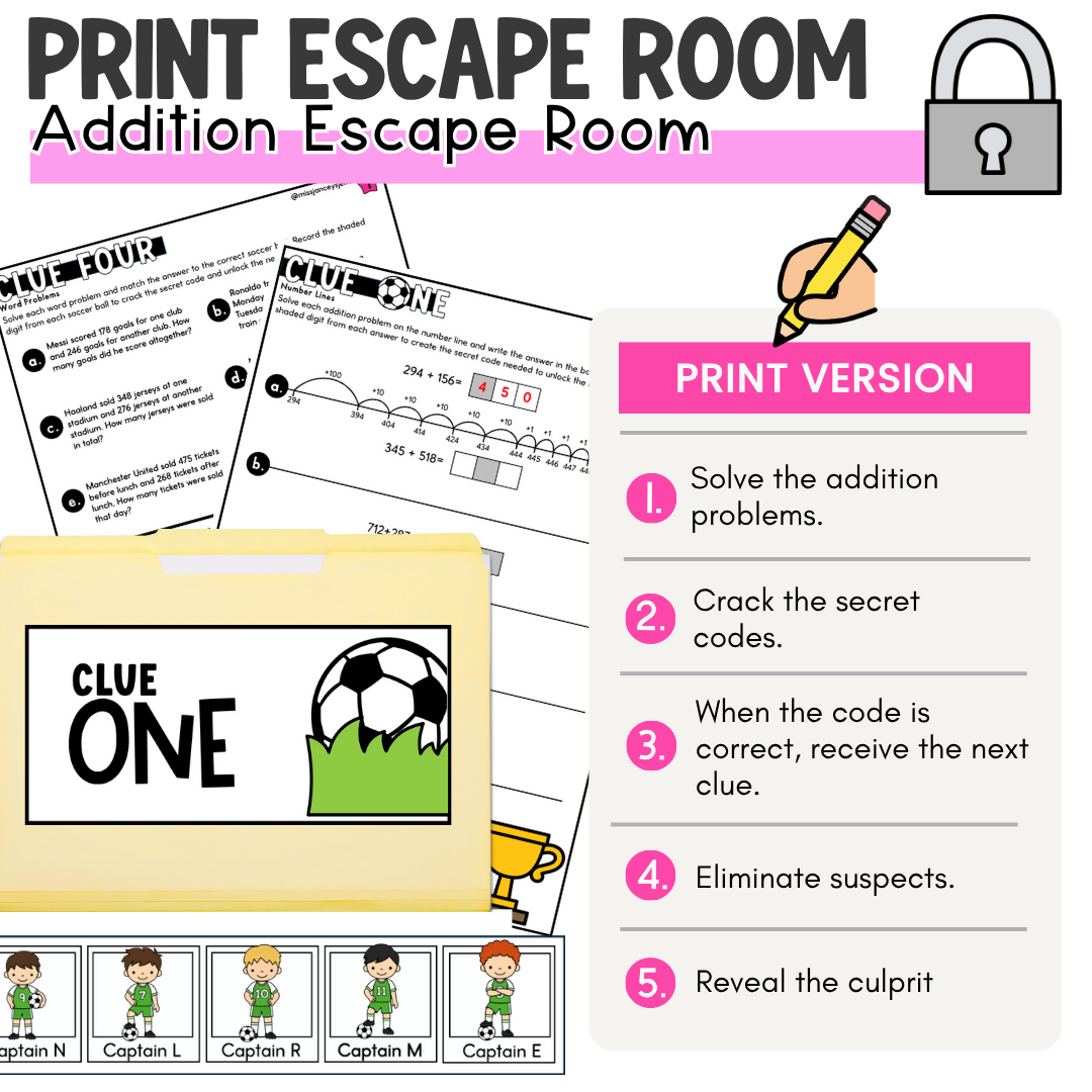 Addition Strategies Escape Room | Soccer-Themed No Regrouping Additive Revision