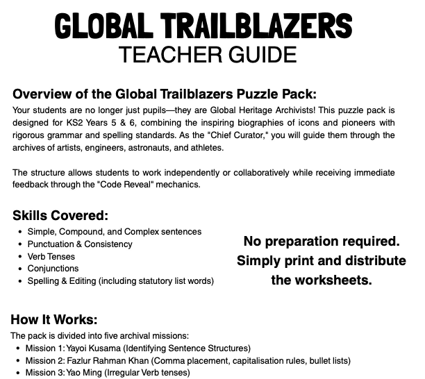 Global Trailblazers | Grammar Puzzle Pack | Famous Figures | Years 5–6