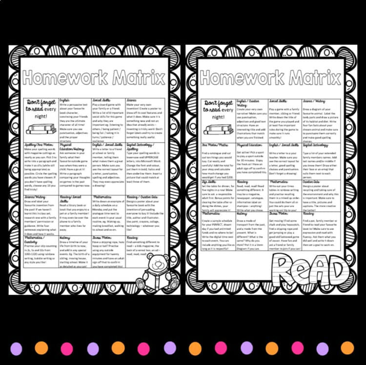 Homework Matrix Choice Board | Full Year, Year 1 and 2 | Printable Worksheets