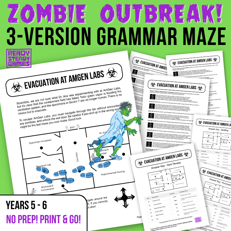 Zombie Outbreak! Grammar Maze | Self-Checking English Game | 3 Versions | Years 5–6