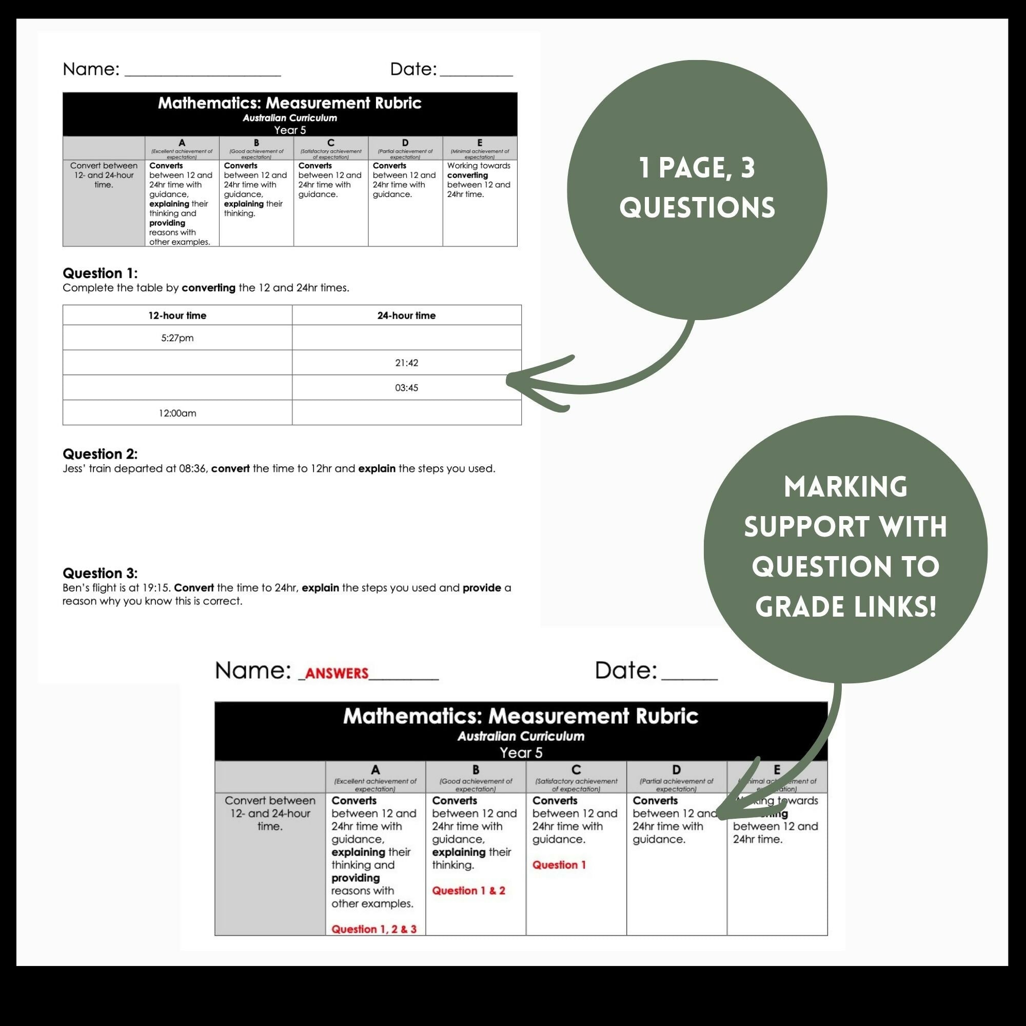 Year 5 Maths Time Assessment | 12 & 24 Hour Time Conversion | Aus Curriculum